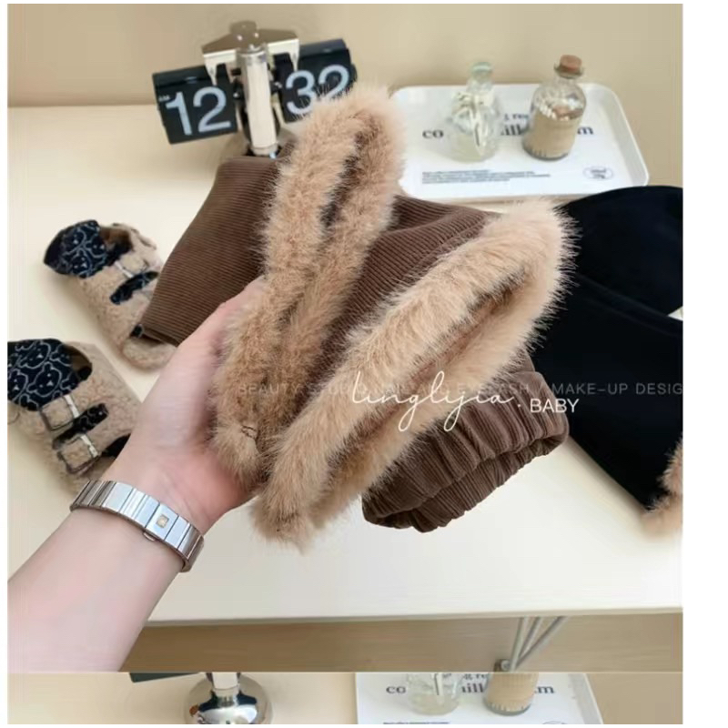 Quần dài ống loe cho bé gái, quần dài nhung phối lông cho bé gái