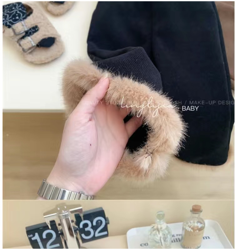 Quần dài ống loe cho bé gái, quần dài nhung phối lông cho bé gái