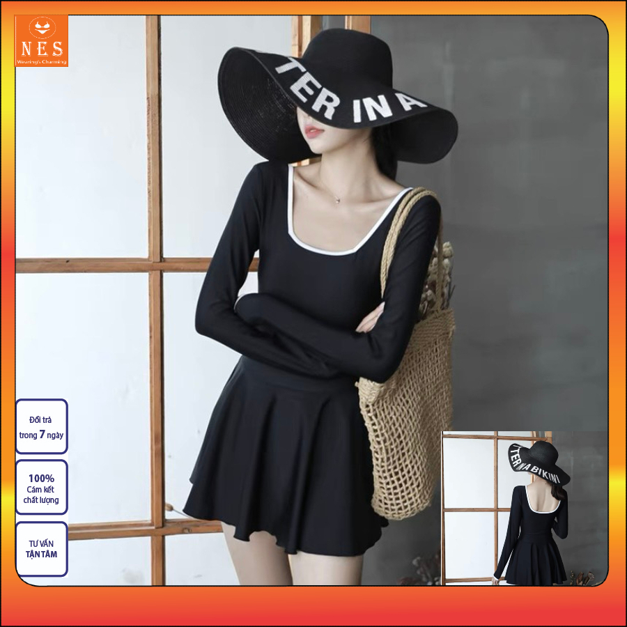 Bikini Đồ bơi nữ liền thân khóa kéo sành điệu, váy bơi dài tay có quần bảo hộ,áo tắm biển Nes VLCV01