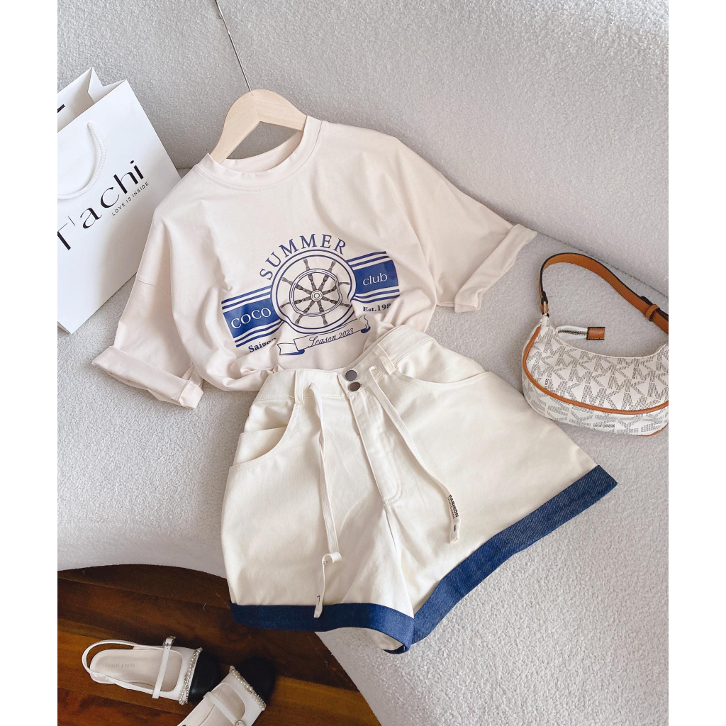 SET ÁO CHỮ KEM IN + SHORT VIỀN XANH DENIM