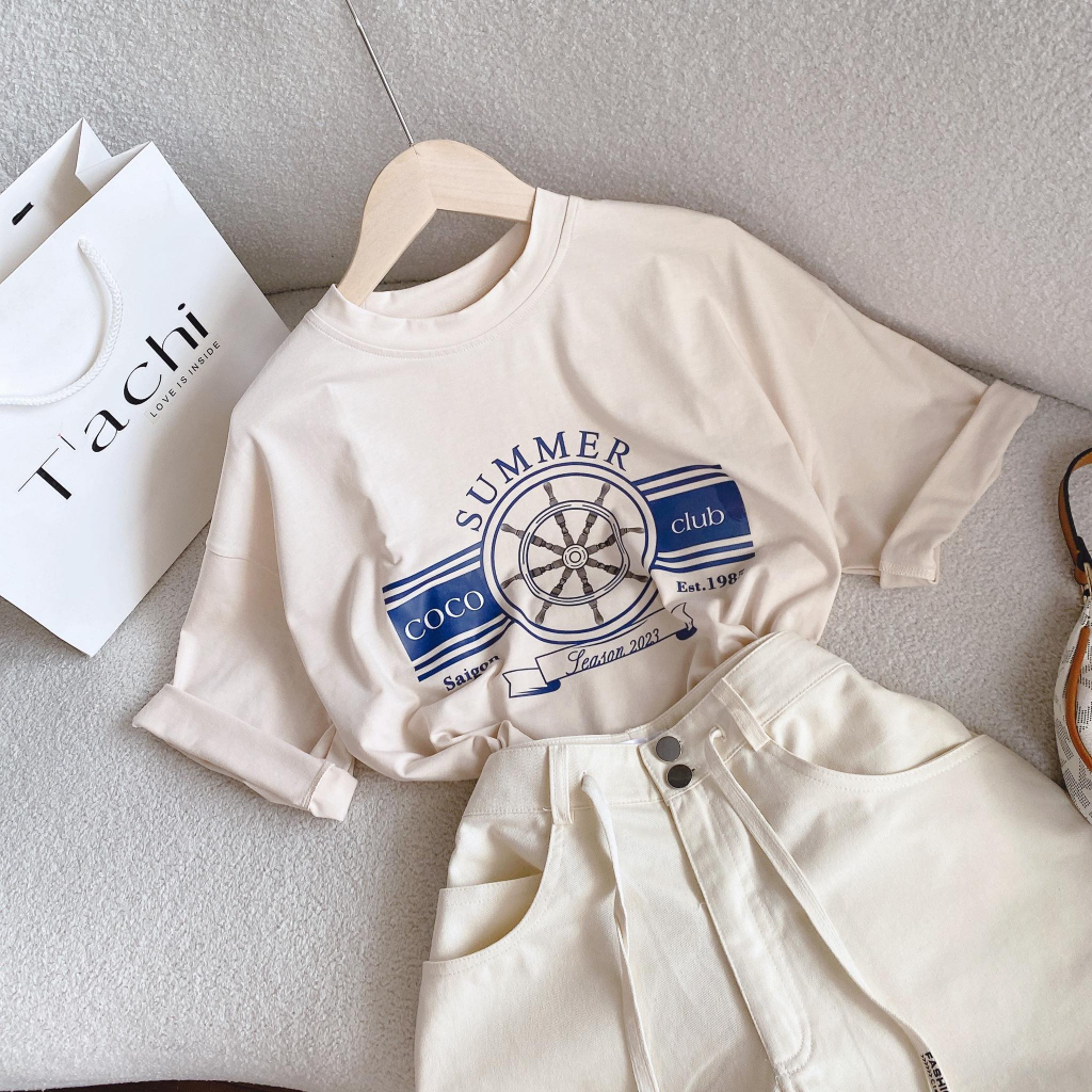 SET ÁO CHỮ KEM IN + SHORT VIỀN XANH DENIM