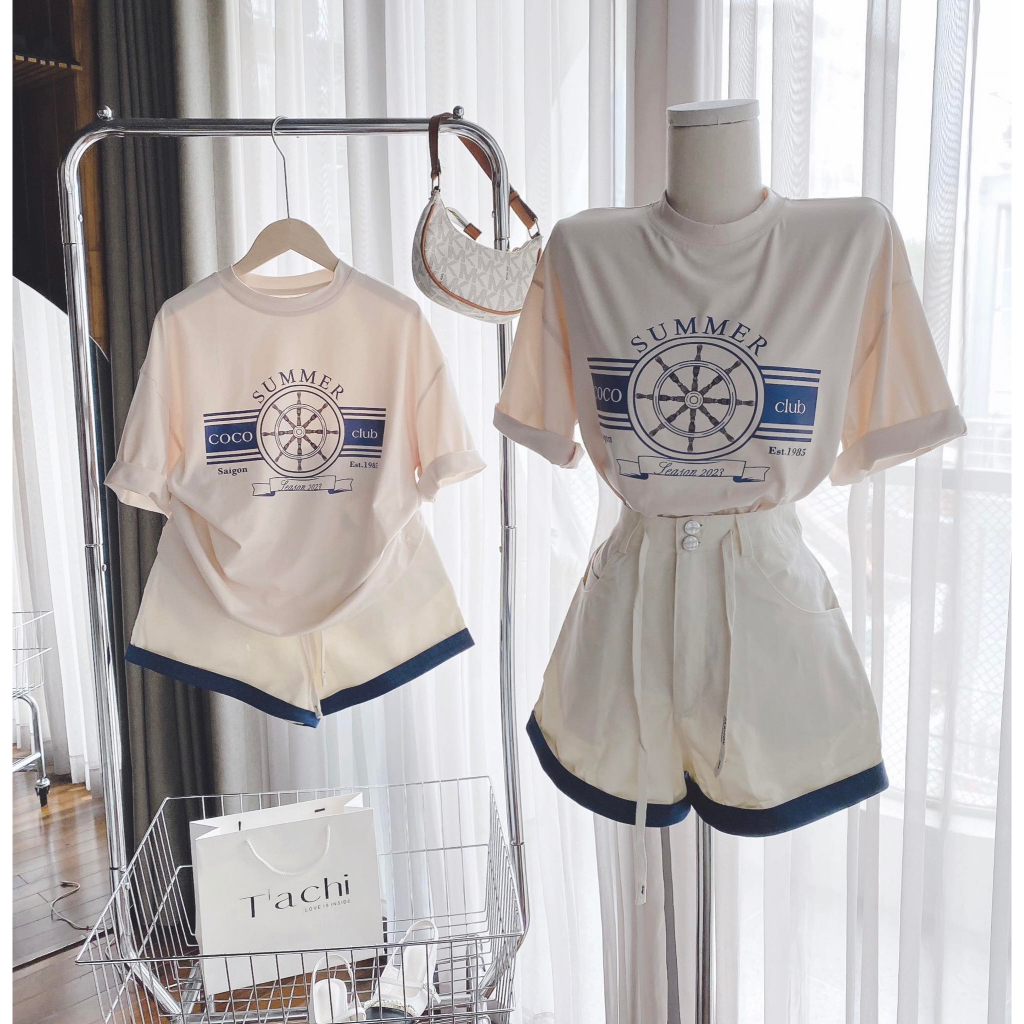 SET ÁO CHỮ KEM IN + SHORT VIỀN XANH DENIM