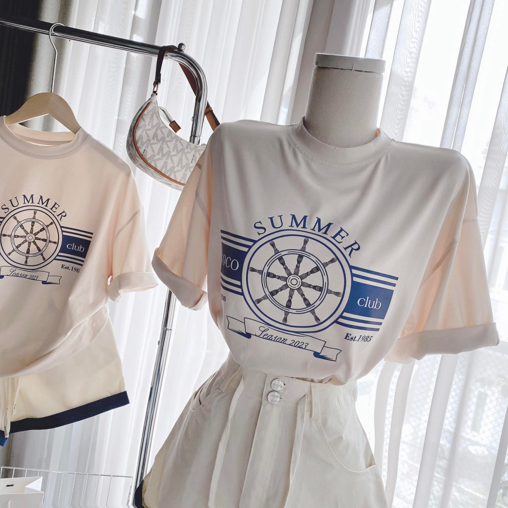 SET ÁO CHỮ KEM IN + SHORT VIỀN XANH DENIM