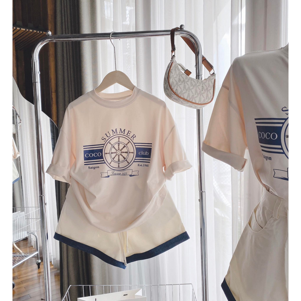 SET ÁO CHỮ KEM IN + SHORT VIỀN XANH DENIM