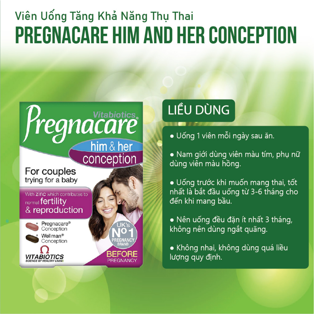 Viên uống tăng khả năng thụ thai Pregnacare Him and Her Conception 60 viên của Anh cho cả vợ và chồng