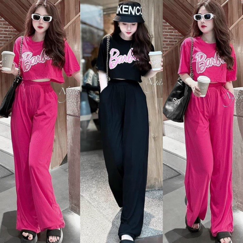 Set Bộ Thun Áo Croptop Tay Ngắn BARBIE + Quần Ống Xuông