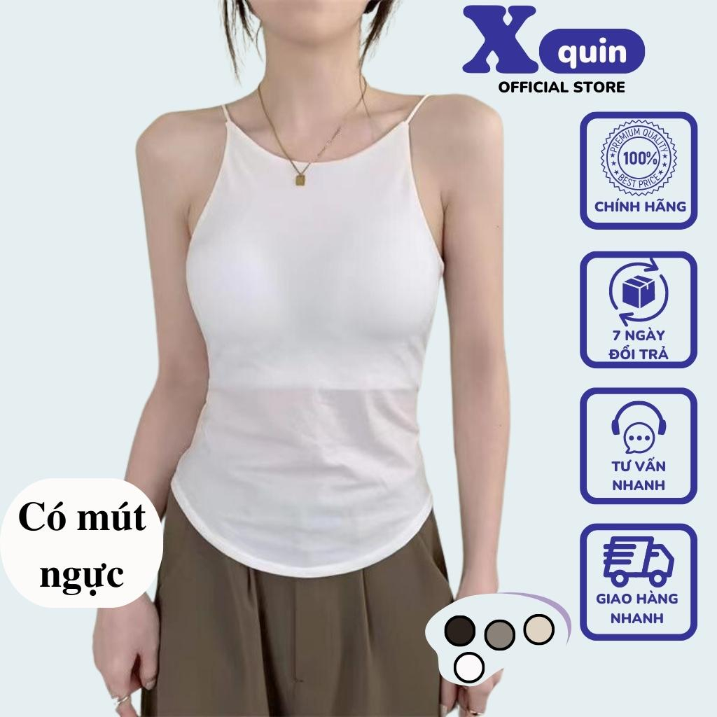 Áo hai dây cổ yếm có mút ngực màu trơn đơn giản chất cotton mềm mịn vạt bầu cực tôn dáng Xquin