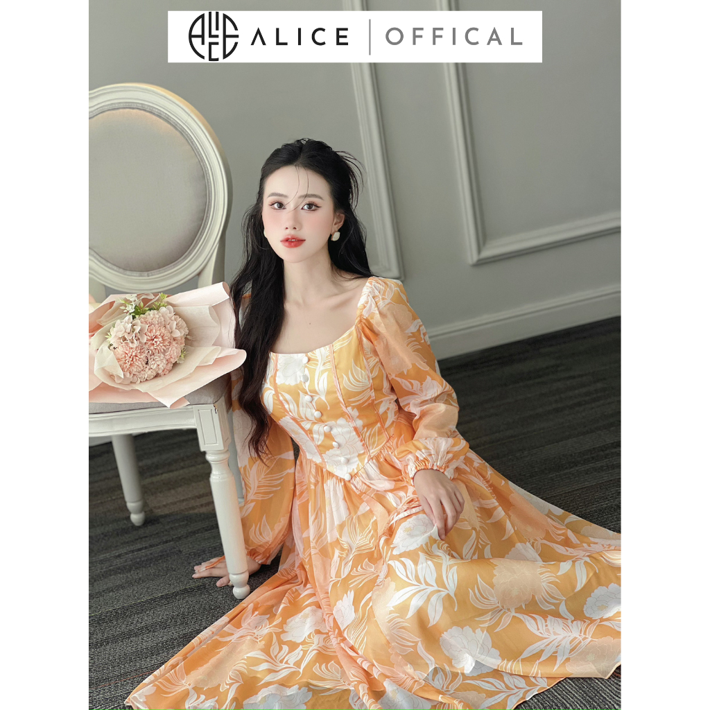 Đầm Maxi Tơ Hoa Tiểu Thư Cổ Vuông Tay Bồng Cúc Bọc ALICE Chất Tơ Óng, Dáng Xoè Che Khuyết Điểm V945