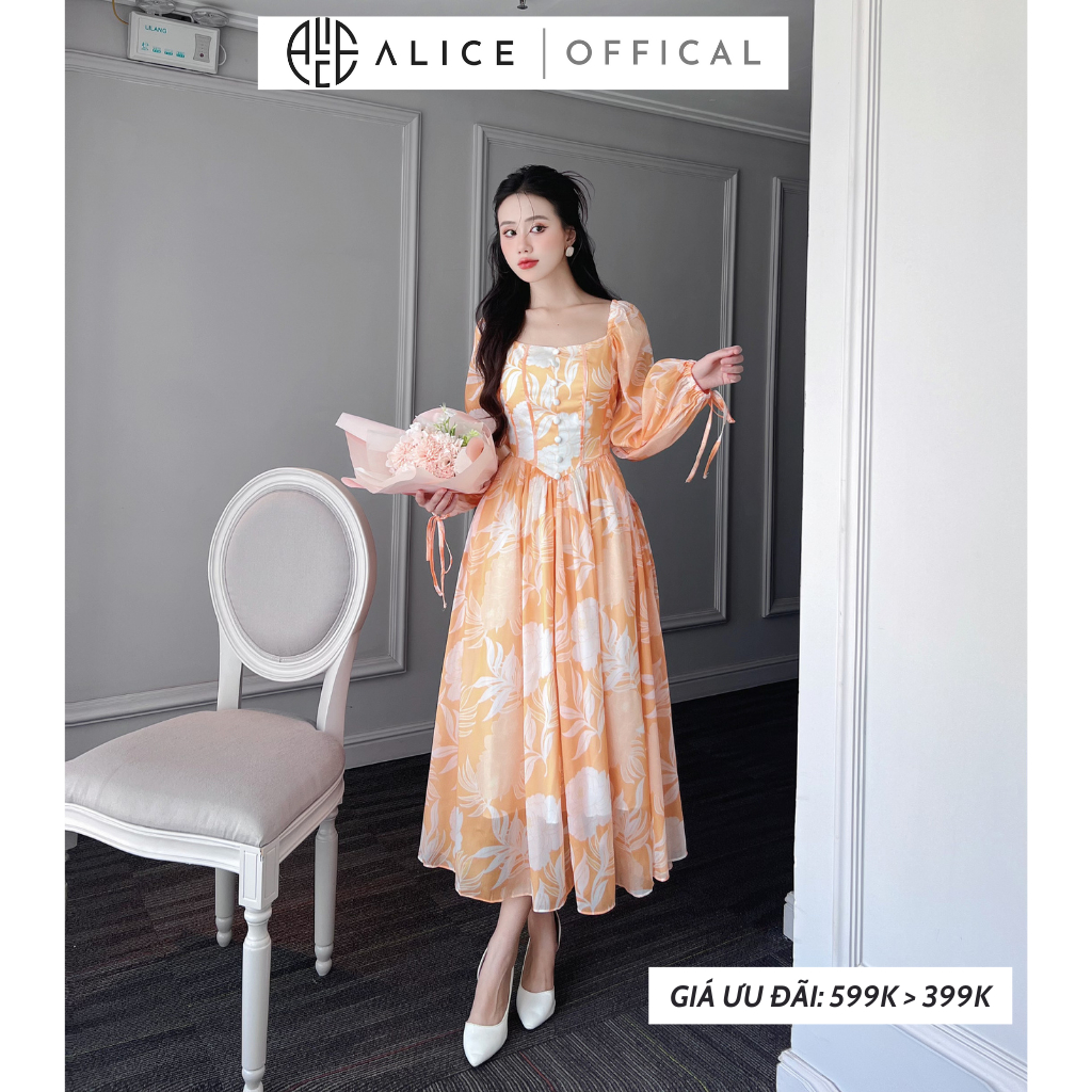 Đầm Maxi Tơ Hoa Tiểu Thư Cổ Vuông Tay Bồng Cúc Bọc ALICE Chất Tơ Óng, Dáng Xoè Che Khuyết Điểm V945