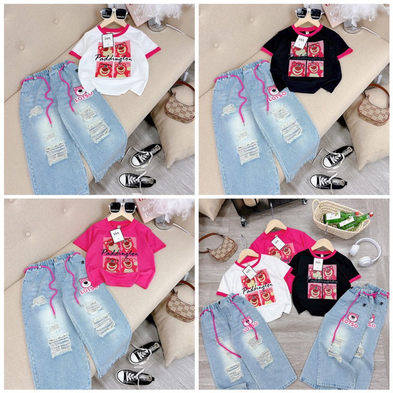 Bộ áo thun gấu dâu quần jean cho bé gái