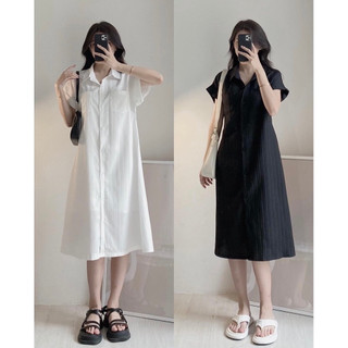 Váy suông cổ polo cộc tay đũi gân dáng xòe, đầm suông cổ sơ mi siêu mát