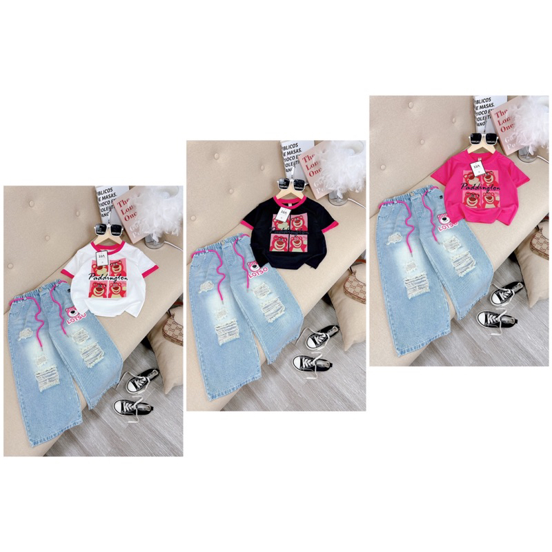 Bộ áo thun gấu dâu quần jean cho bé gái