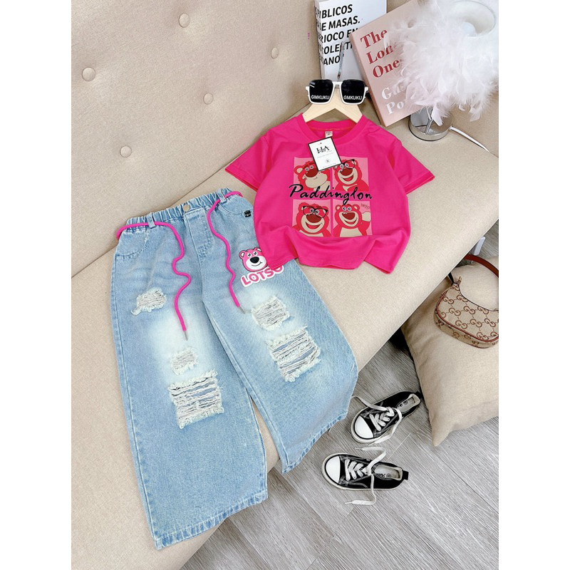 Bộ áo thun gấu dâu quần jean cho bé gái