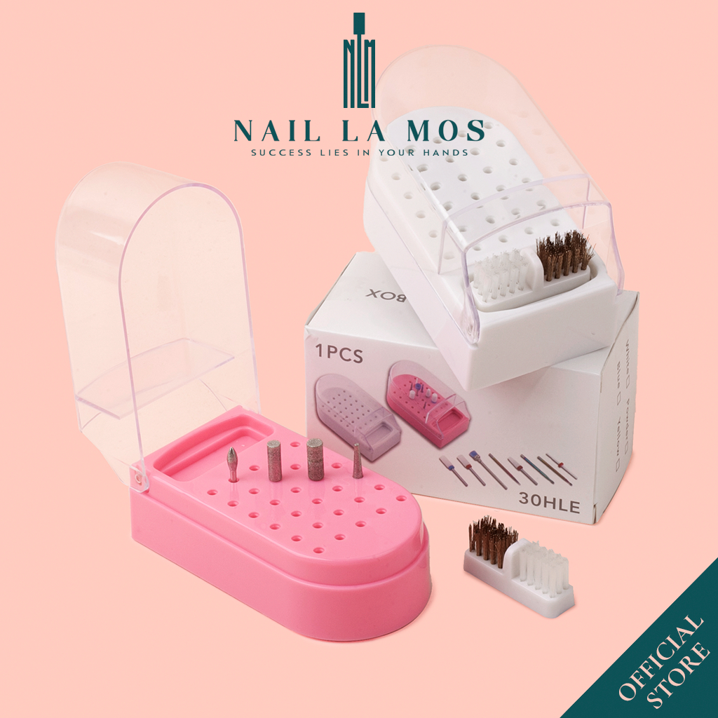 Hộp đựng đầu mài móng 30 lỗ kèm chổi vệ sinh - Hộp bảo quản đầu mài nail 2in1
