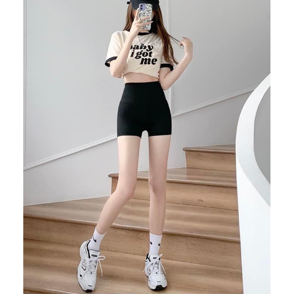 Quần legging đùi ngắn biker short nữ cạp cao bản to form ôm bó vải cotton co giãn Geleva GE927