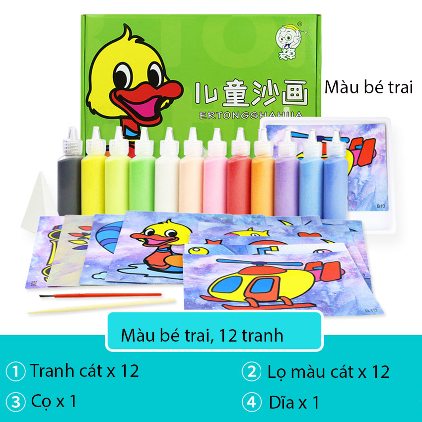 Bộ 12 tranh cát dày đẹp kèm 12 lọ màu cát dành cho bé - TKL STORE