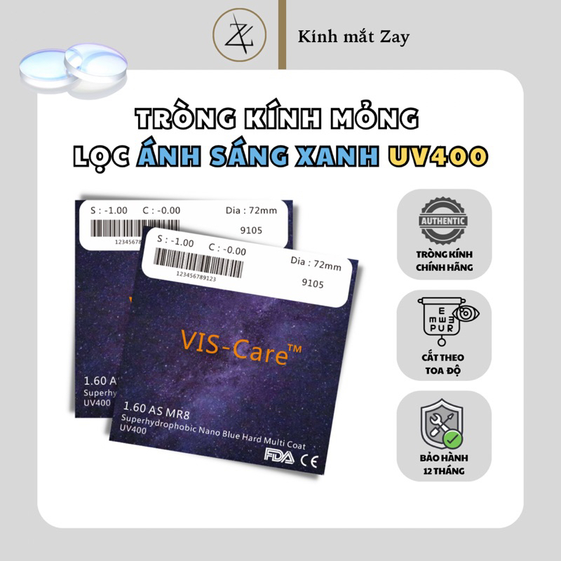 Tròng kính Vis Care Singapore 1.60 Nano Blue lọc ánh sáng xanh siêu mỏng chống bể cao chính hãng