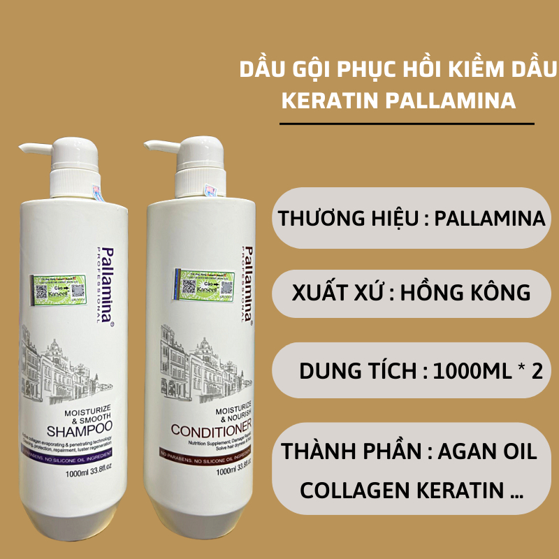 Dầu gội xả keratin Pallamina 1000ml * 2 kiềm dầu phục hồi tóc hư tổn hương nước hoa hàng chính hãng