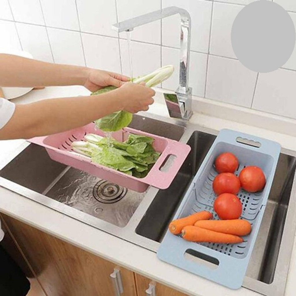 Rổ gác bồn rửa chén thu gọn kéo dài tiện lợi, Khay đựng rau củ quả ráo nước