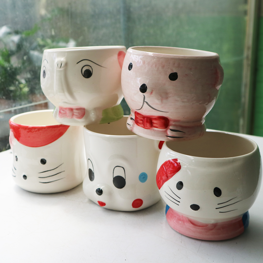 [Đường kính 9x10cm) Chậu sứ tráng men hình thú siêu đáng yêu, thích hợp trồng các cây lá nhỏ, sen đá, xương rồng