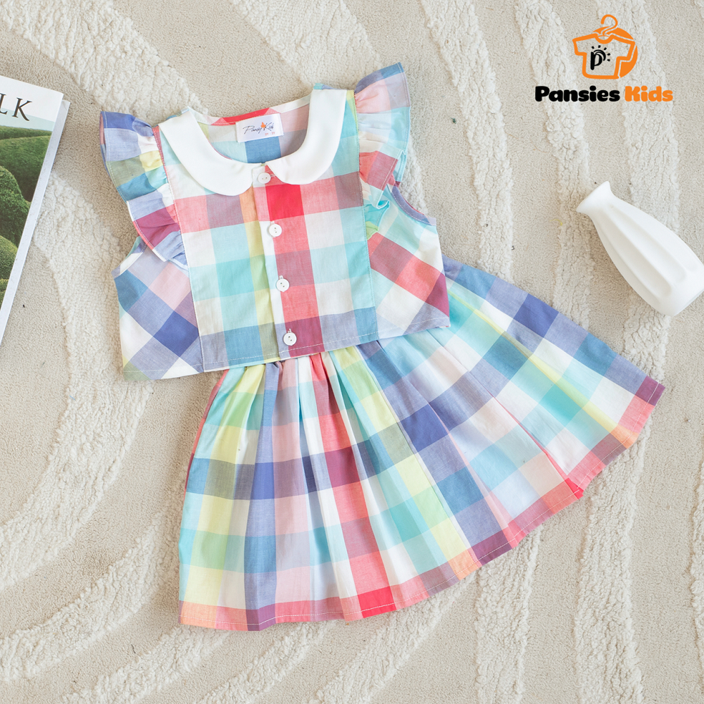 Set bộ áo croptop váy xếp li caro vải cotton cho bé gái Pansies Kids