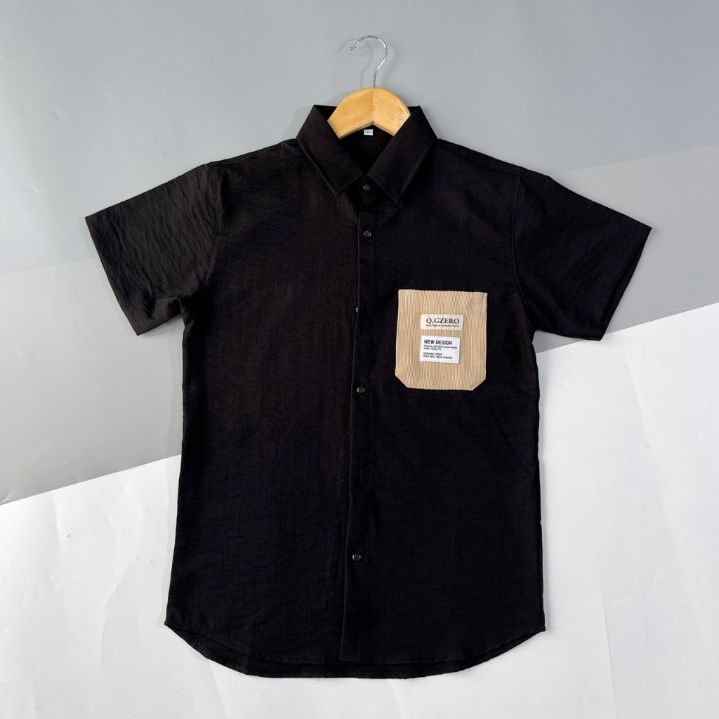 Áo sơmi nam tay ngắn thêu họa tiết túi trước, chất vải đũi cao cấp chuẩn phom, phong cách trẻ trung năng động