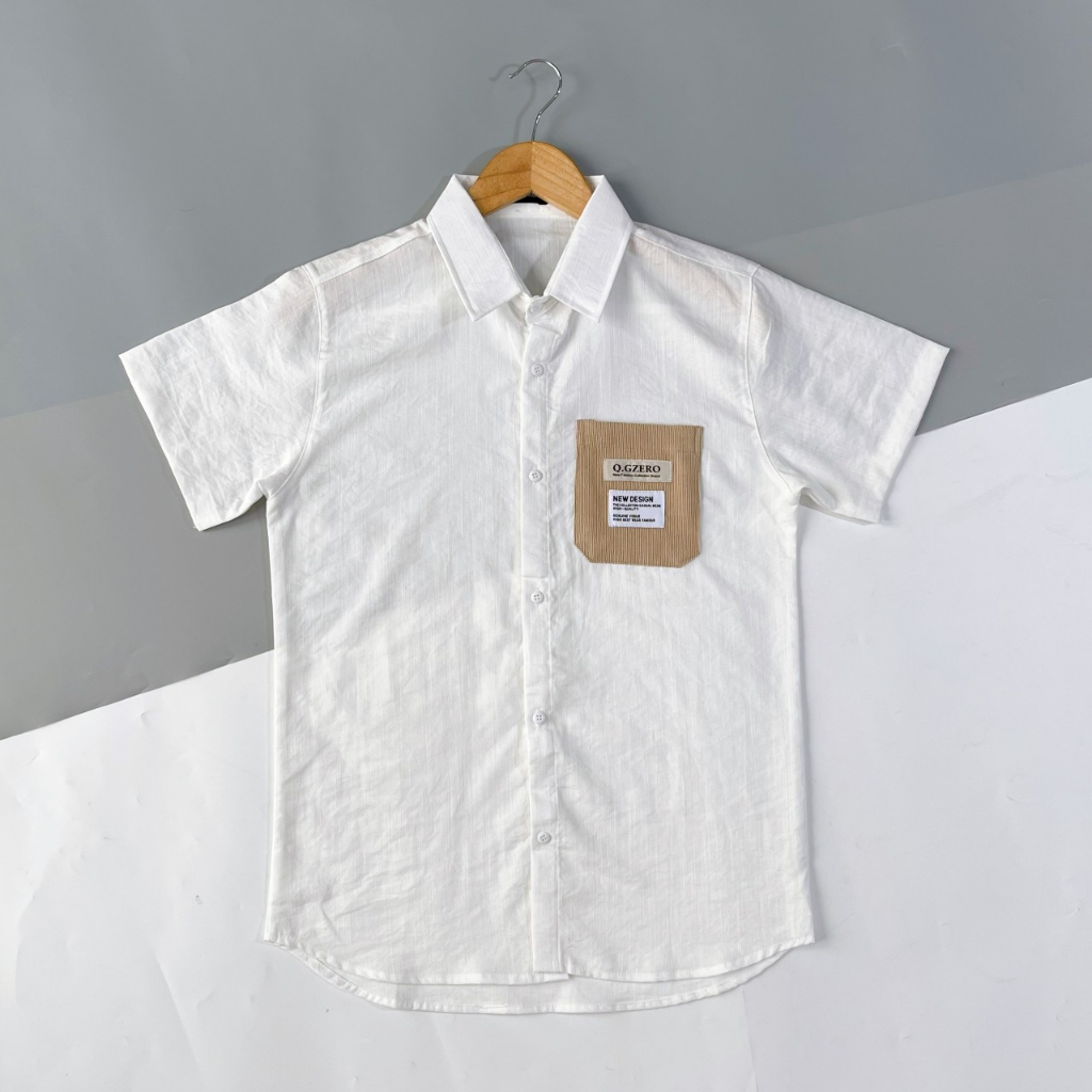 Áo sơmi nam tay ngắn thêu họa tiết túi trước, chất vải đũi cao cấp chuẩn phom, phong cách trẻ trung năng động