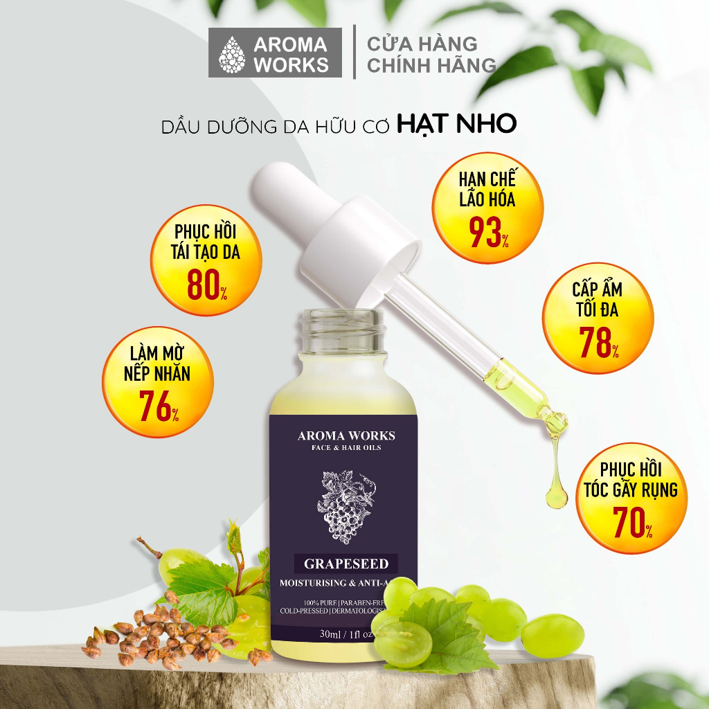 Dầu Hạt Nho Aroma Works Face & Hair Oil Grapeseed, dưỡng ẩm, mờ nếp nhăn, massage body