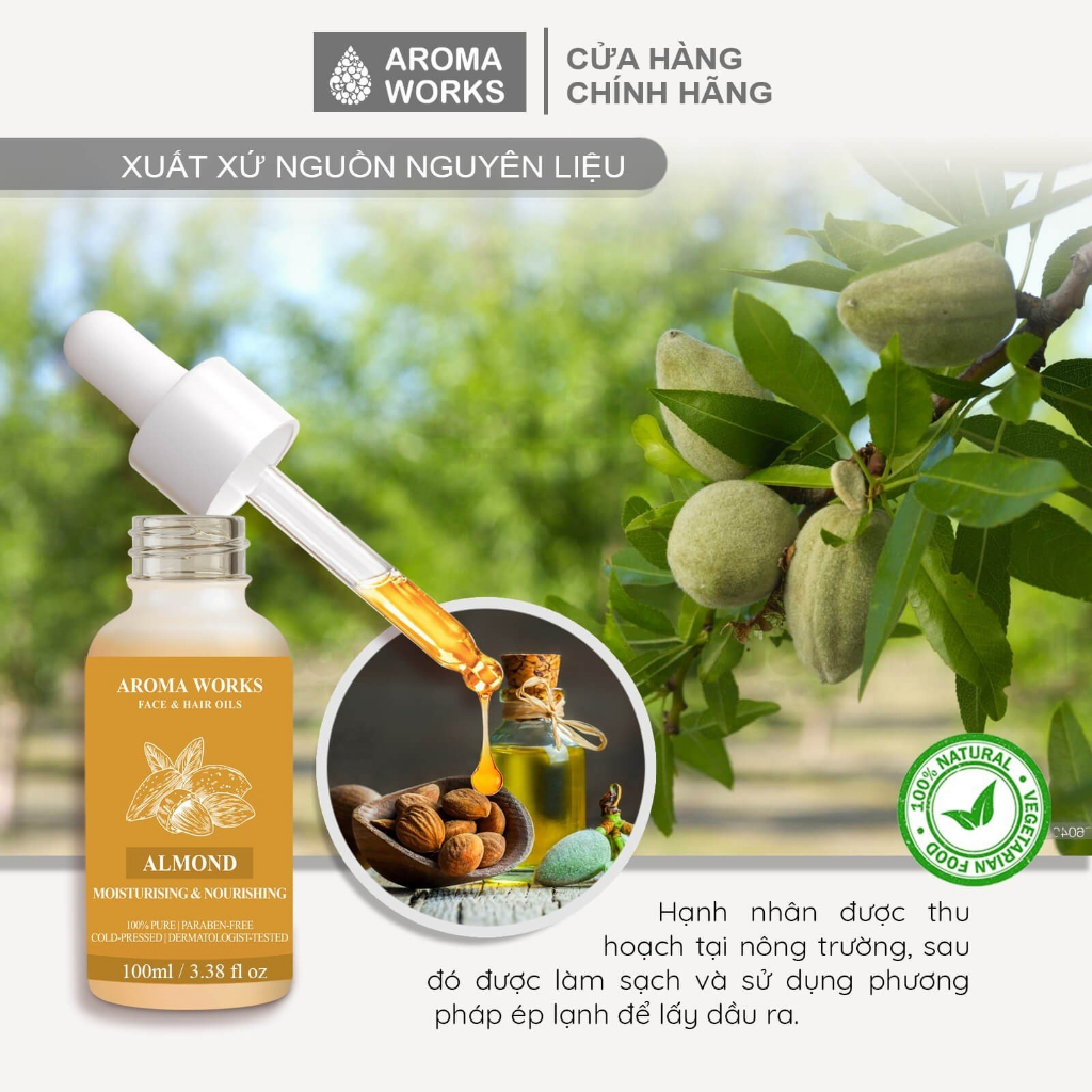 Dầu Hạnh Nhân Aroma Works Face & Hair Oil Almond, cấp ẩm, dưỡng mi, tẩy tế bào chết | BigBuy360 - bigbuy360.vn