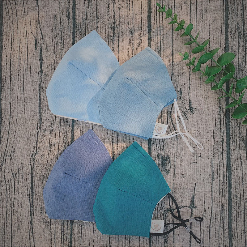 Khẩu trang form 3D chống dính son và chống nắng, vải linen trơn tone xanh dương và xanh ngọc