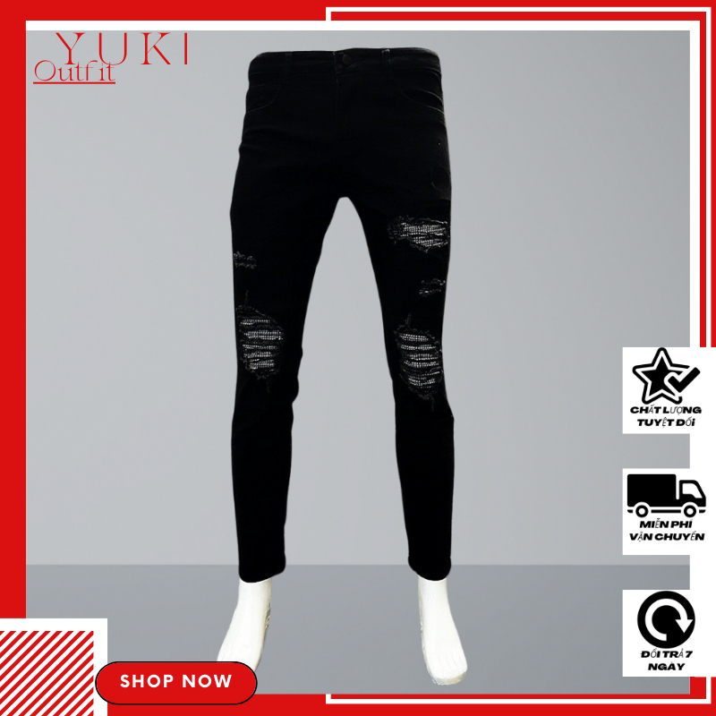 Quần jean nam cao cấp màu đen rách gối có vá kim tuyến kiểu dáng skinny chuẩn form co dãn nhẹ YUKI OUTFIT