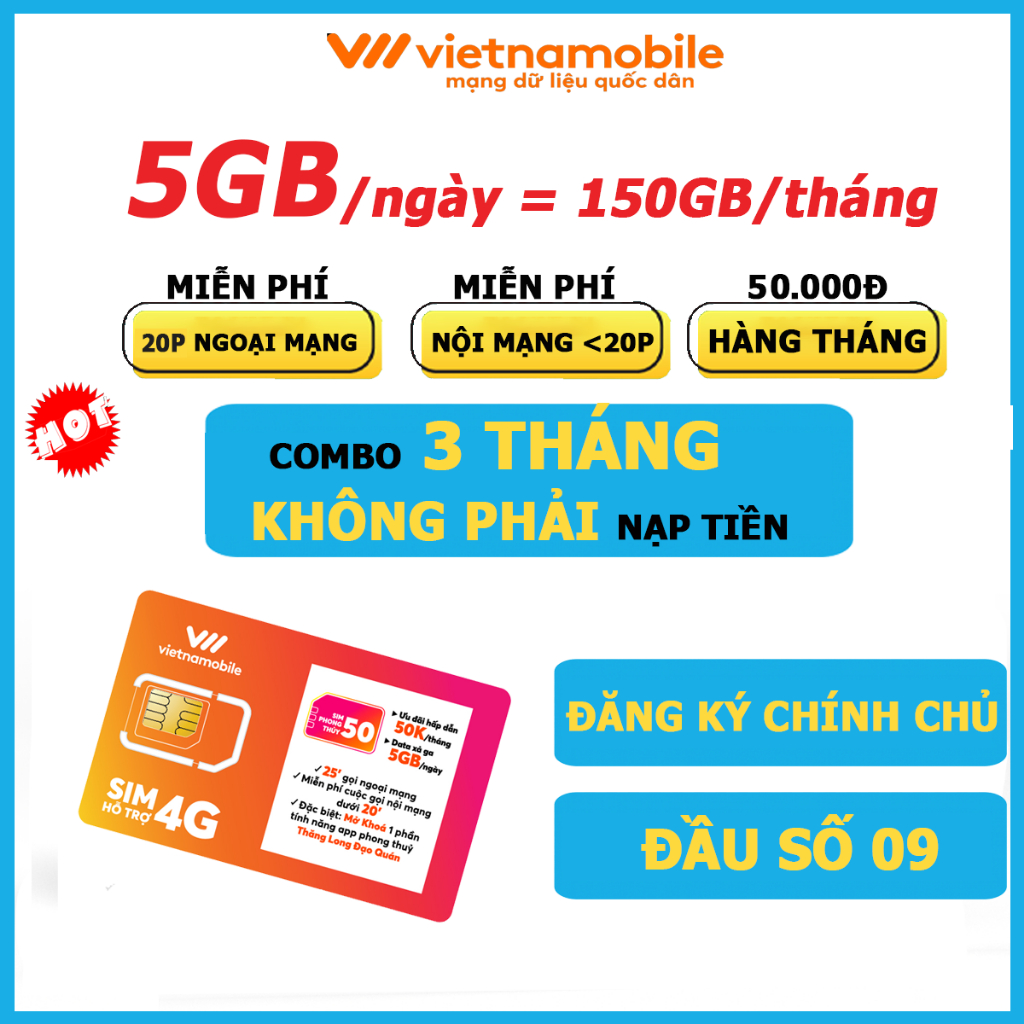 Sim 4G 450GB/3 tháng, sim data số đẹp đầu 09, sim mạng đăng ký chính chủ