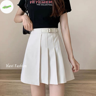 Chân váy ngắn Haviss cạp cao thiết kế xếp ly đai lưng lệch bên cách điệu sẵn hai màu đen trắng phong cách Hàn Quốc