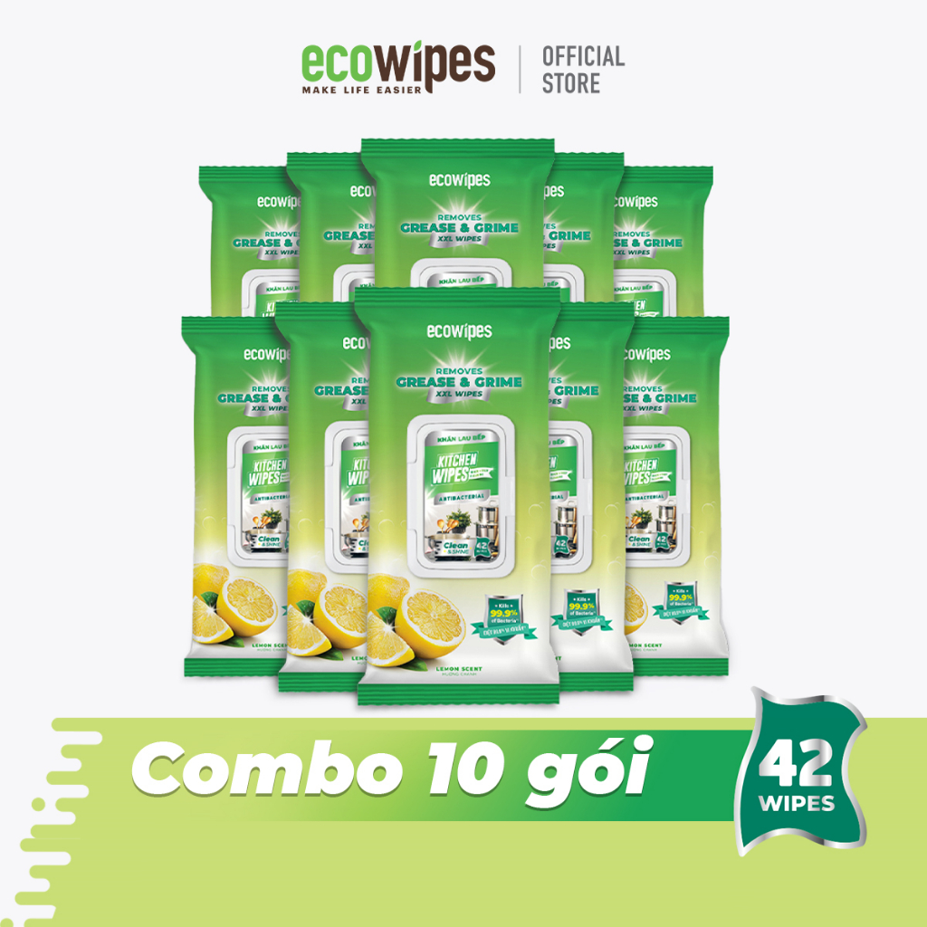 Combo 10 gói khăn ướt lau bếp đa năng Kitchen Wipes khổ lớn - Đánh bay dầu mỡ nhanh chóng