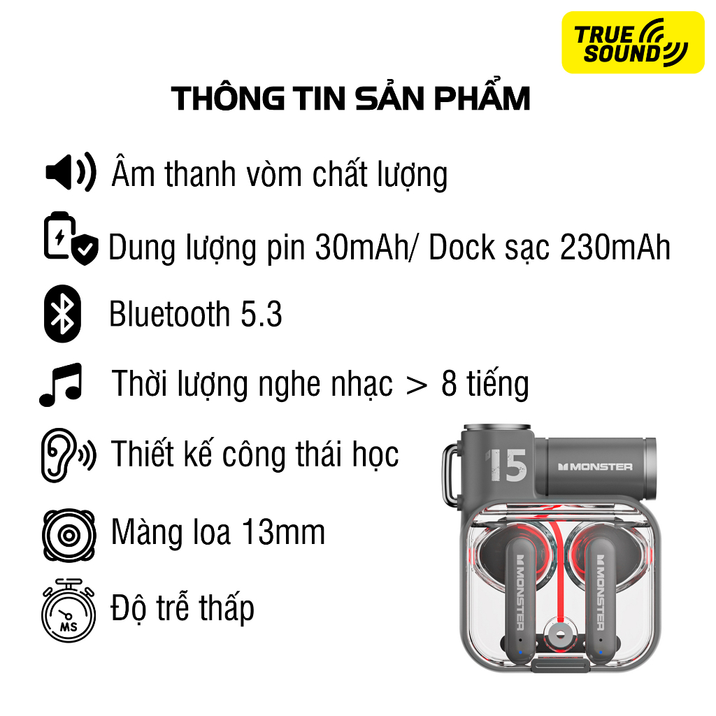 Tai nghe Bluetooth MONSTER XKT15 V5.3. Giảm tiếng ồn, chống nước.