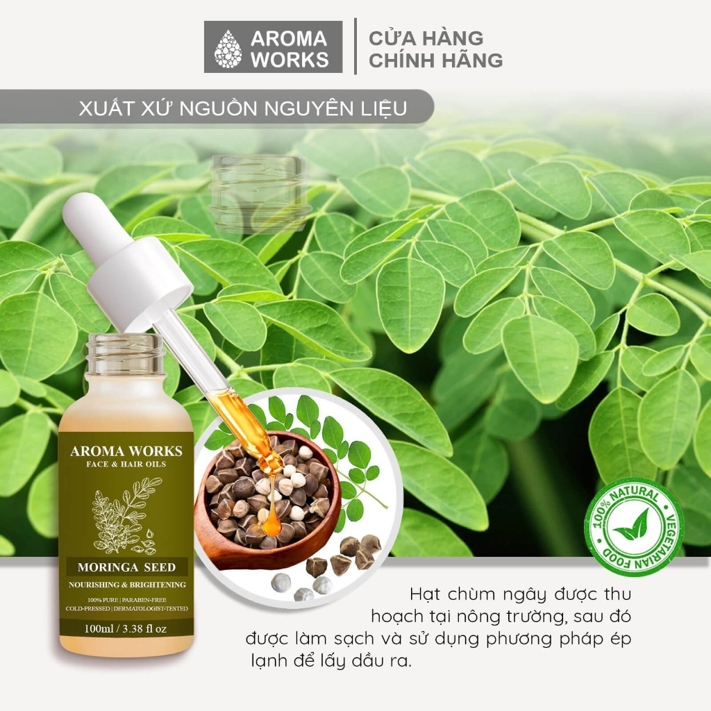 Dầu hạt Chùm ngây Aroma Works Moringa Seed Face & Hair Oil cấp ẩm, sáng da, mờ nám, mờ nếp nhăn