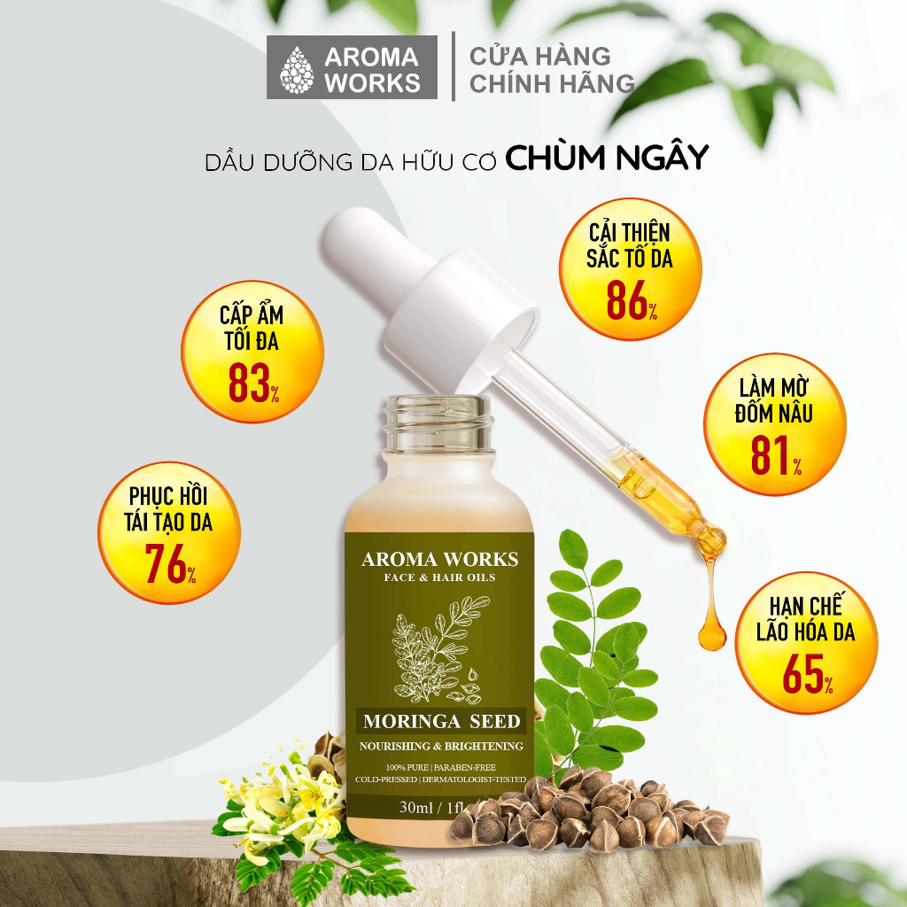 Dầu hạt Chùm ngây Aroma Works Moringa Seed Face & Hair Oil cấp ẩm, sáng da, mờ nám, mờ nếp nhăn