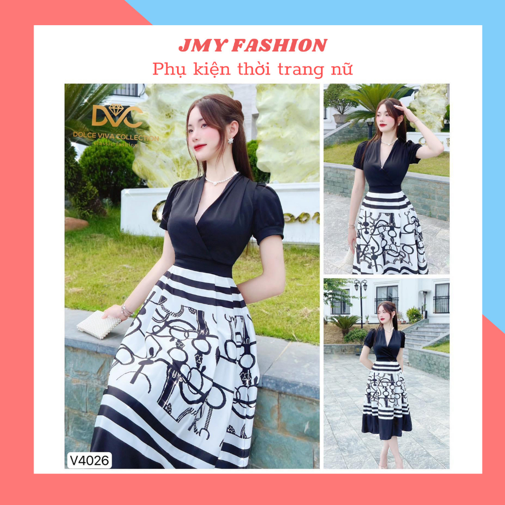 váy xoè đen tắng công sở cổ vest
