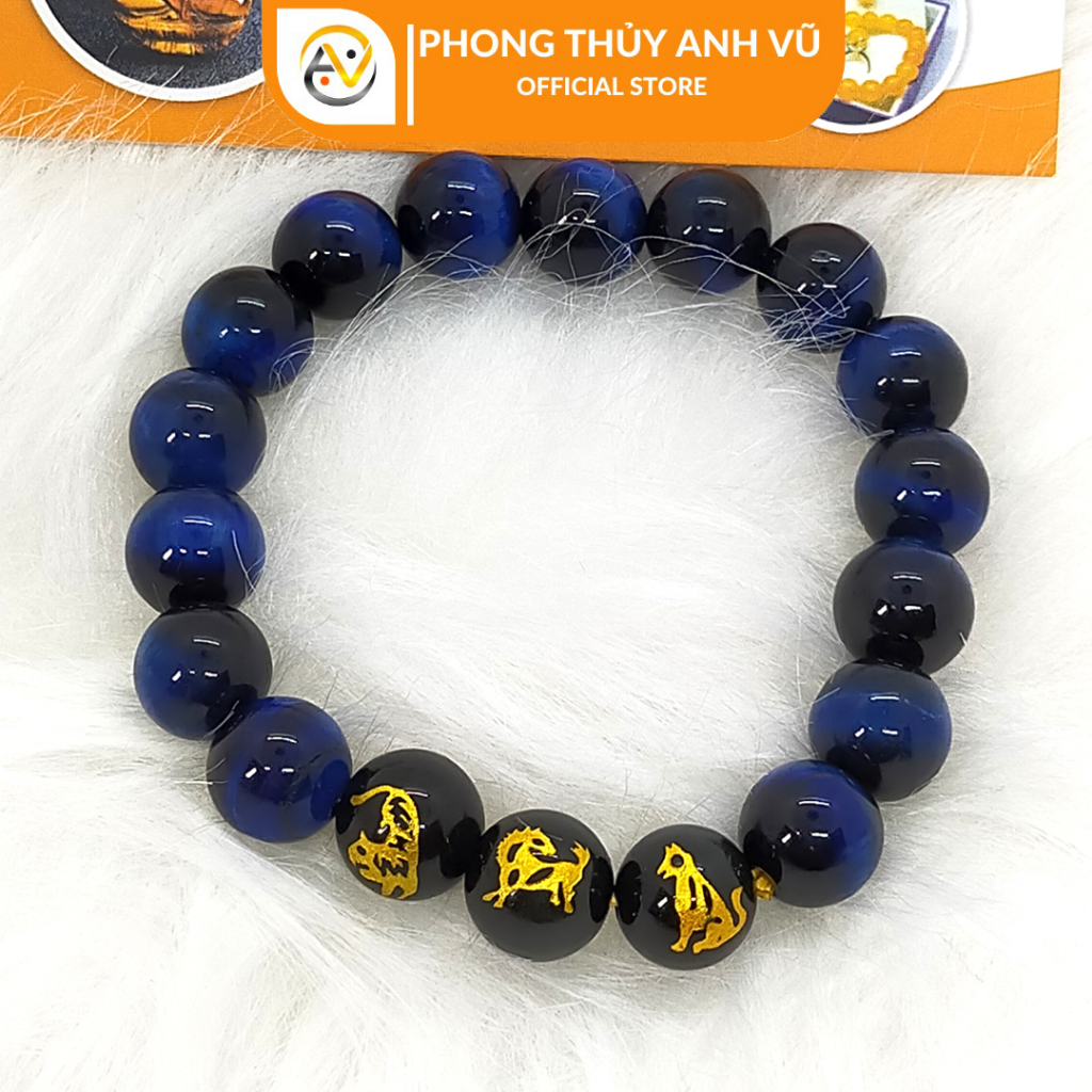 Vòng tay 12 con giáp tam hợp dần ngọ tuất - chất liệu mắt hổ xanh dương - size 8 10 12ly - may mắn tài lộc