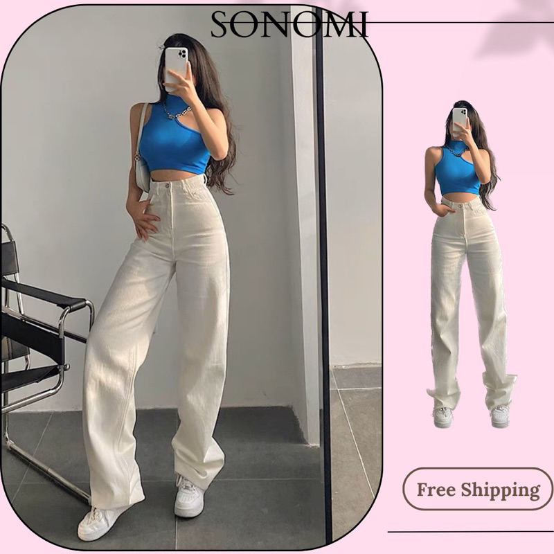 Quần Jeans Trắng Cạp Cao Sonomi Chất Liệu Bò Dày Đẹp Phom Suông Rộng Hack Dáng Hot 2023