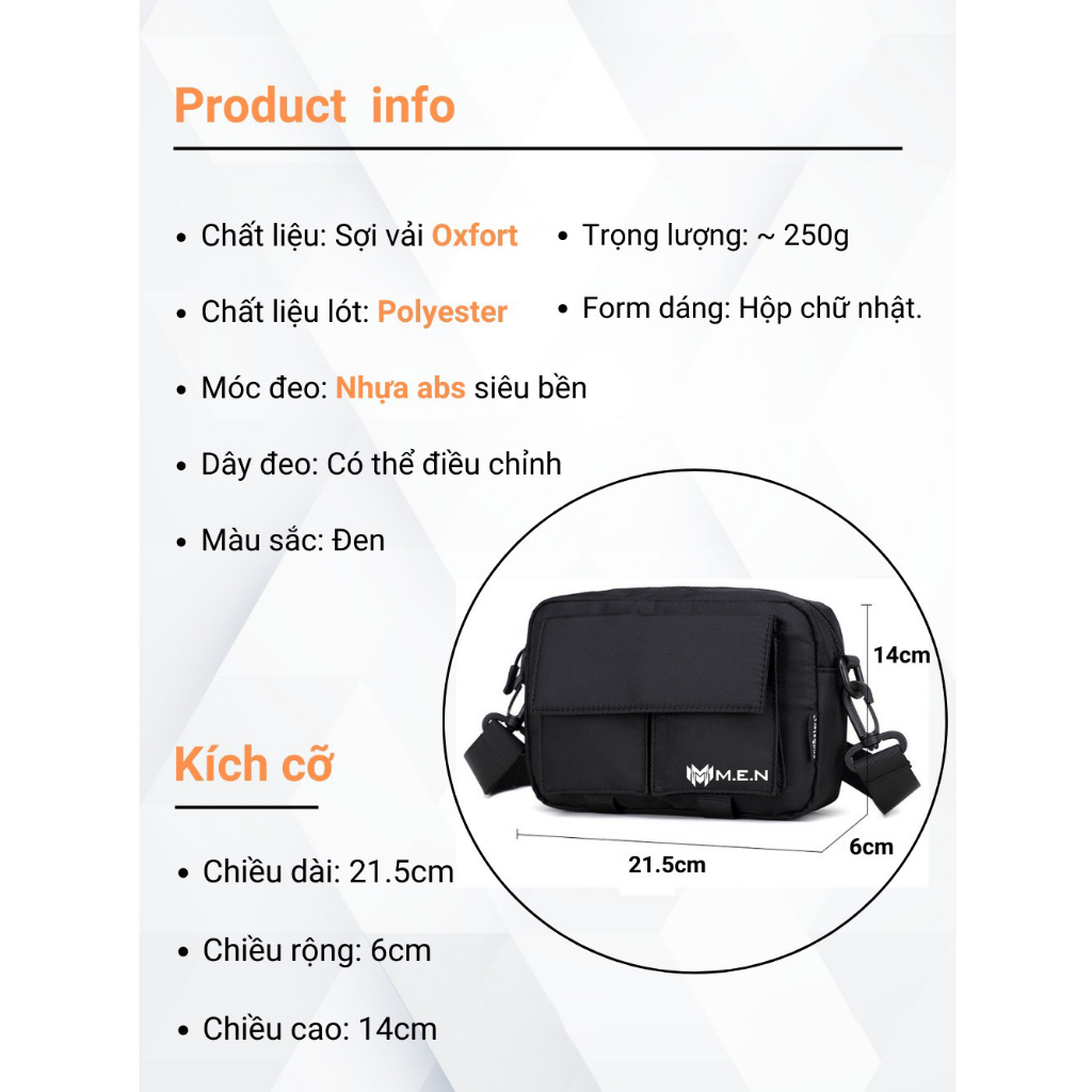 Túi đeo chéo nam trơn Men đen ngầu coolbag kiểu dáng đi chơi phượt 5 ngăn