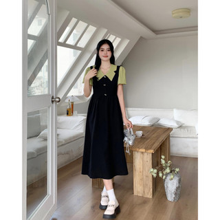 Đầm công sở đen phối xanh bơ xinh đẹp dễ thương JARI
