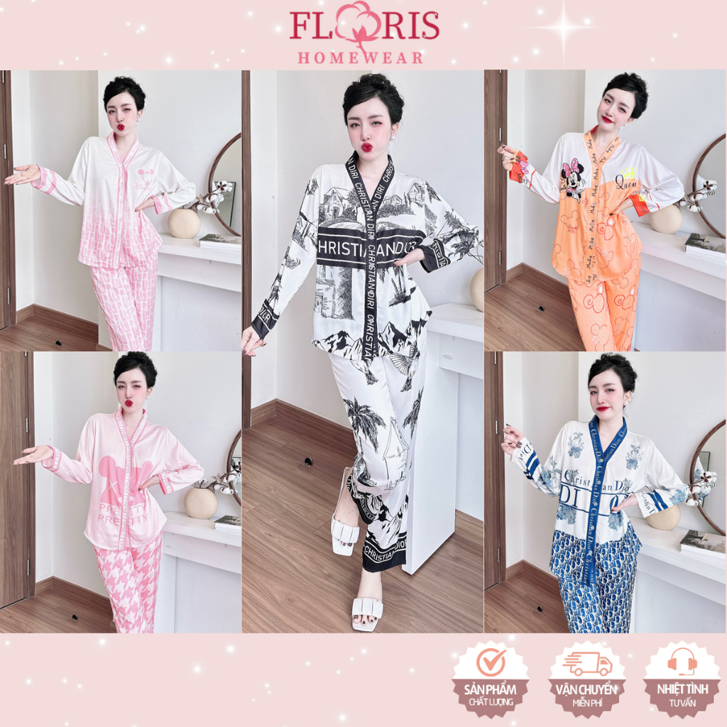Đồ bộ nữ pijama lụa xước thiết kế cao cấp mặc nhà tay dài mềm mát họa tiết Floris dễ thương