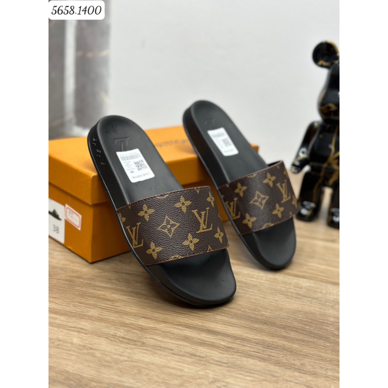 Dép lê nam LV quai da đế cao su màu nâu mới nhất 2023