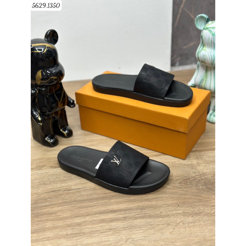 Dép lê nam LV quai da đế cao su màu nâu mới nhất 2023