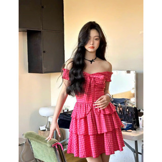 Đầm váy caro đỏ trễ vai cột nơ ngực bèo tầng siêu xinh
