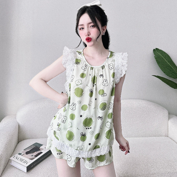 Đồ Ngủ Nữ SOJUN Bộ Latin Cổ Tròn Phối Ren Coton 45-65 kg