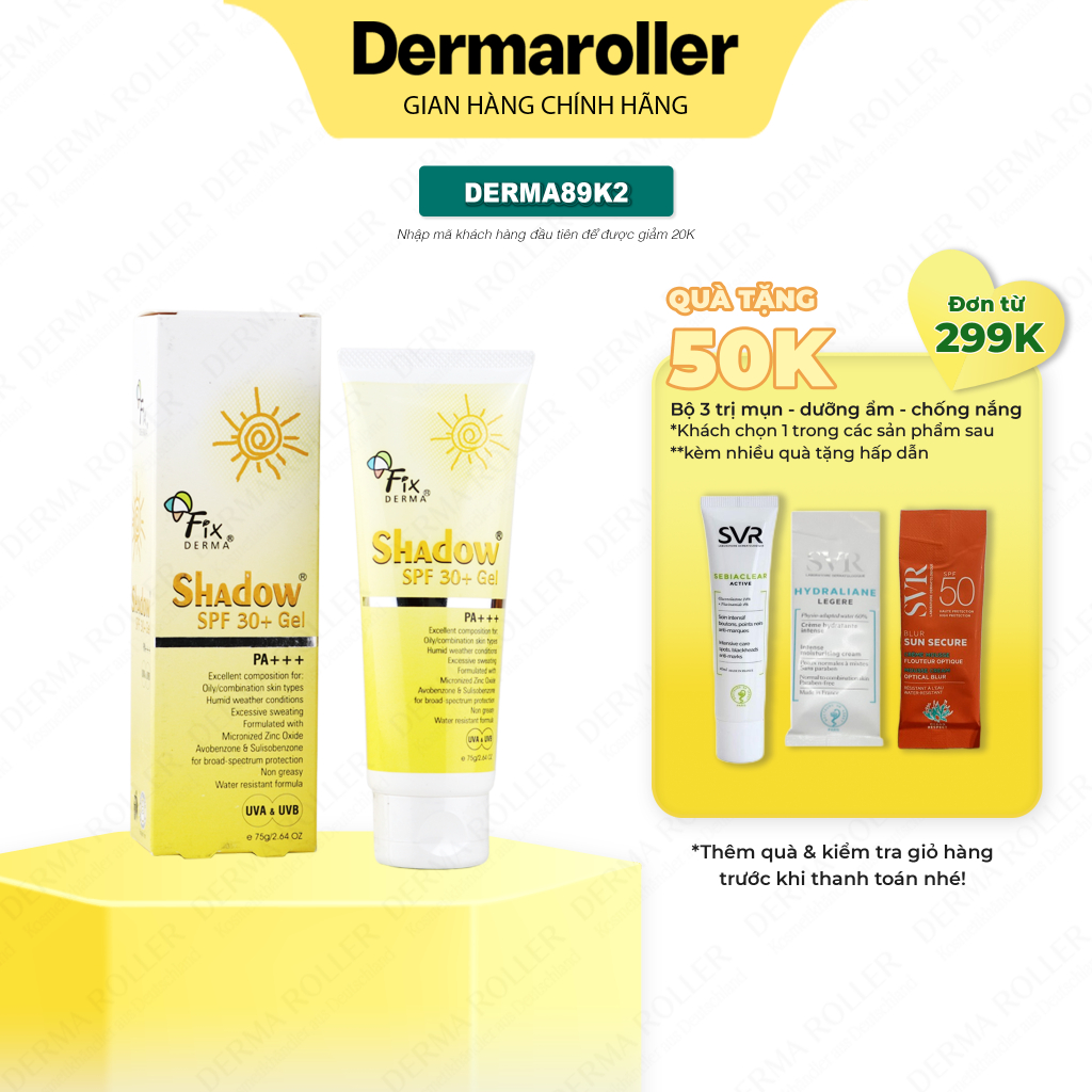 Gel Chống Nắng Vật Lí 𝗙𝗜𝗫𝗗𝗘𝗥𝗠𝗔 Siêu Mỏng Nhẹ Bảo Vệ Da Trước Tia UVA, UVB Dành Cho Da Dầu Mụn - 𝐒𝐡𝐚𝐝𝐨𝐰 𝐆𝐞𝐥 𝐒𝐏𝐅 𝟑𝟎+ (𝟕𝟓𝐠)
