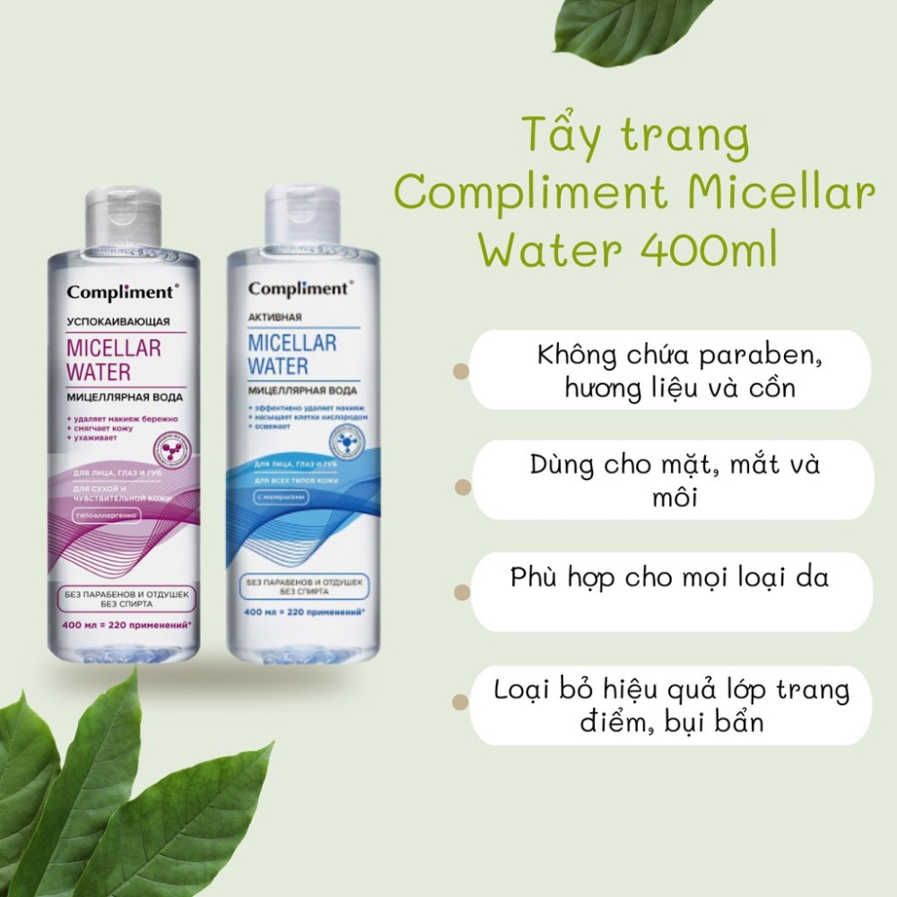 Nước tẩy trang Compliment Micellar Water 400ml giúp làm sạch da, phù hợp mọi loại da