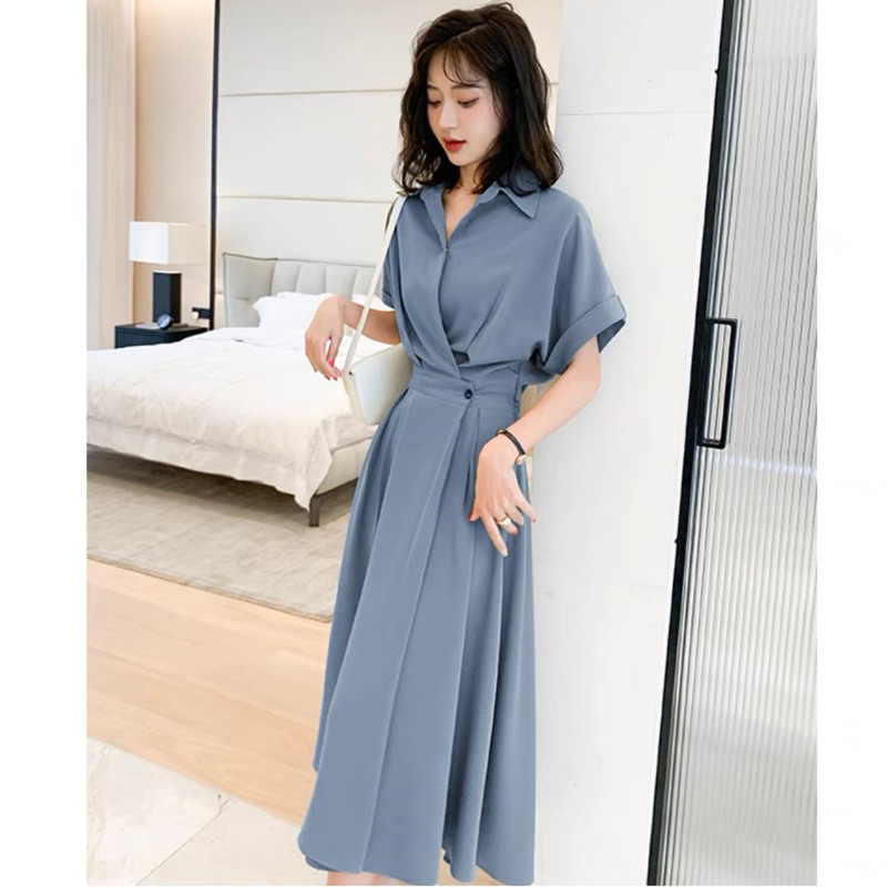 Đầm váy sơ mi nút eo tay ngắn 14 màu
